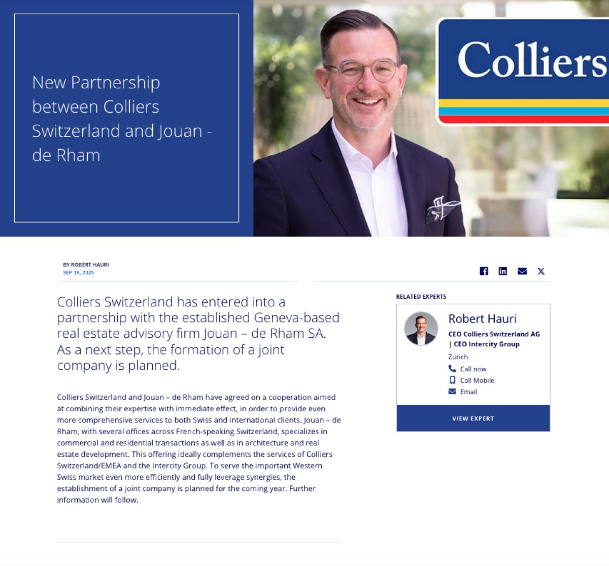 Partenariat stratégique entre Colliers Switzerland et Jouan – de Rham